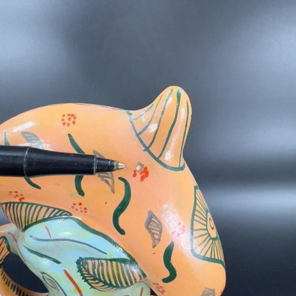 Mexico Folk Art Pottery Tonala Ceramics Orange Dolphins‎ Fish On Wave Painted